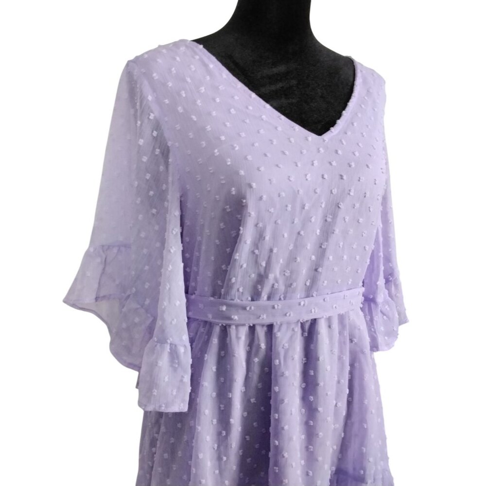 Missky Womens Size S Lavender Swiss Dot V-Neck Dress Ruffle Sleeves & Tie Waist - Picture 3 of 6
